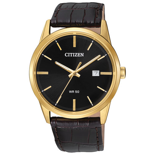 Montre à quartz de 39 mm pour hommes de Citizen - Boîtier doré, bracelet en cuir brun et cadran noir