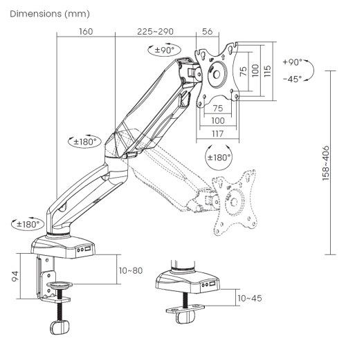 Bras de moniteur simple à ressort mécanique Duramex, support de bureau entièrement réglable / support articulé pour écran ACL jusqu'à 32 po