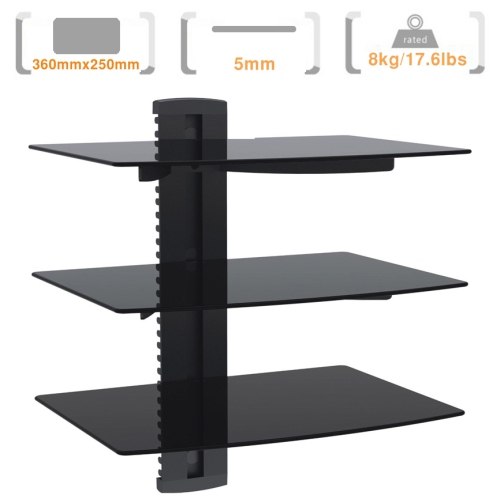Duramex Wall Mount AV DVD Cable box, Game Console, Component Shelving System with 3 Adjustable Tempered Glass Shelves