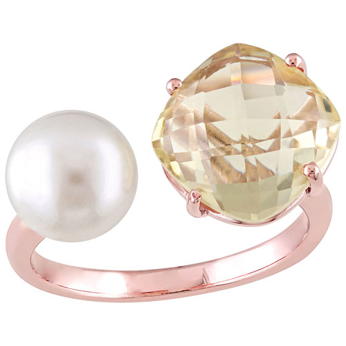 Classic Fashion Ring in Pink Sterling Silver with Round Cultured Pearl & Lemon Quartz - Size 7