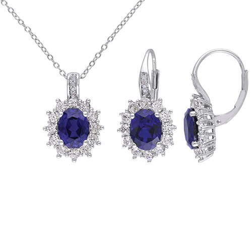 0.005ctw Diamonds & Sapphire Pendant Necklace and Earring Set in Sterling Silver