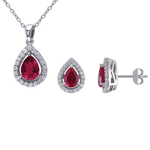 Pear Ruby & Round Sapphire Teardrop Pendant Necklace and Earrings Set in Sterling Silver