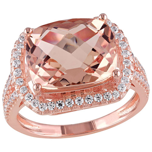 Classic Halo Ring in Rose Plated Sterling Silver with Cushion Morganite and Cubic Zirconia - Size 7