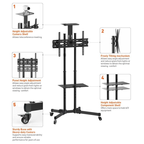Duramex Universal Mobile TV Cart TV Stand with Mount Trolley with Camera Shelf for 37-75 Inch LED, LCD, Plasma Display up to 110 lbs VESA 600X400MM