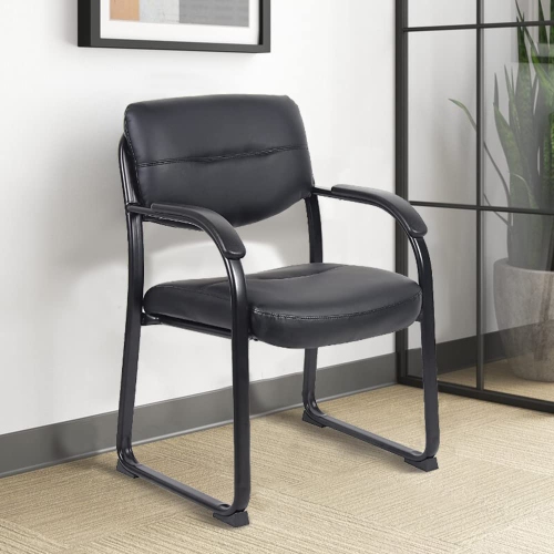 Black Leather Sled Base Side Guest Chair with Arms