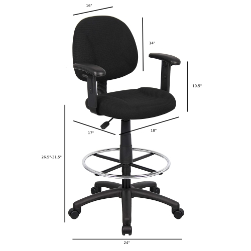 OCC Drafting Stool with Foot Ring and Adjustable Arms in Black Fabric Drafting Chair