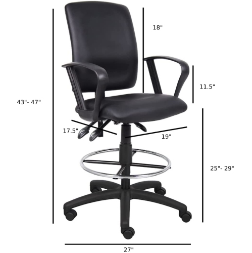 Nicer Interior Multi-function Leather Drafting Chair with loop arms, Ergonomic Drafting Stool - Black Leatherette Draft Chair