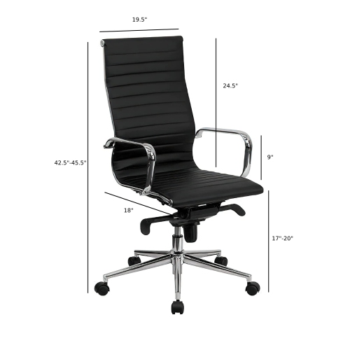 Modern High Back Ribbed PU Leather Chair, Black