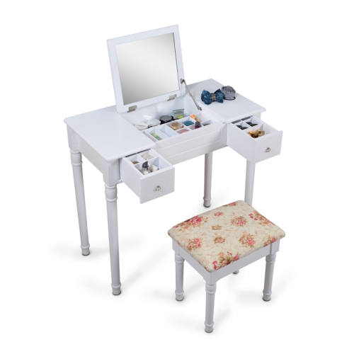 Viscologic Flat Top Flip Open Storage Mirrored Makeup Vanity Table And Polyester Fabric Upholstered Stool Set Best Buy Canada