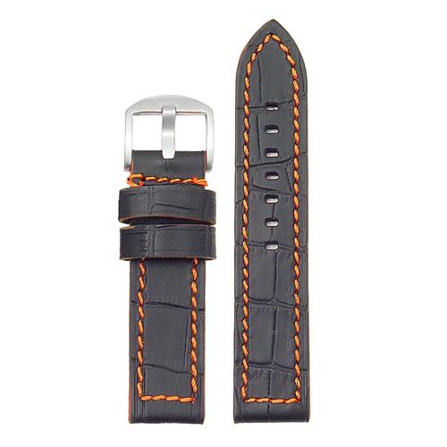 DASSARI Flash Leather Crocodile Print Watch Strap in Black & Orange 22mm
