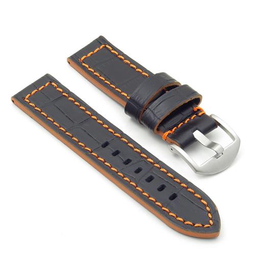 DASSARI Flash Leather Crocodile Print Watch Strap in Black & Orange 26mm