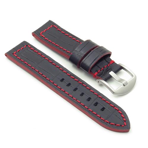 DASSARI  Flash Leather Crocodile Print Watch Strap In Black & 24MM In Red