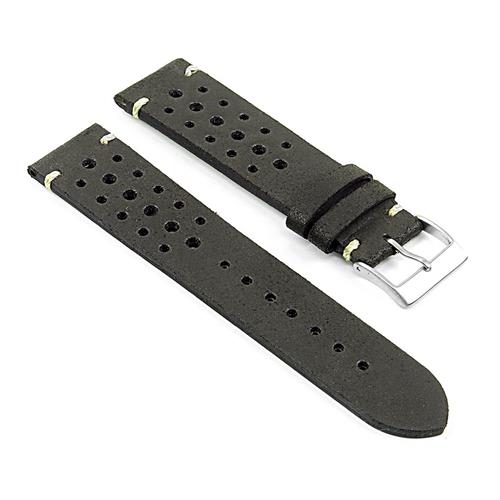 DASSARI  Speedster Italian Distressed Leather Perforated Rally Watch Strap In 18MM In Black