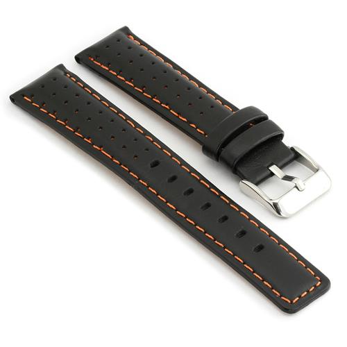 STRAPSCO  Perforated Black With Stitching Leather Rally Watch Band Size 18MM In Orange