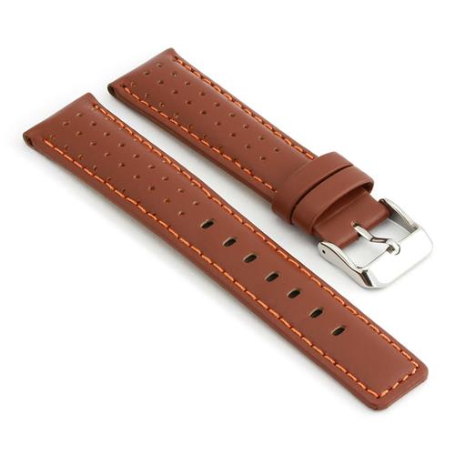 STRAPSCO  Perforated Brown With Stitching Leather Rally Watch Band Size 20MM In Orange