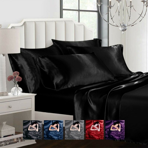 Ahmedani Linen 6 Pcs Luxury Super Soft Silky Satin Sheet with 1 Duvet Cover, 1 Deep Pocket Fitted Sheet, 4 Pillowcases, Queen Size Black
