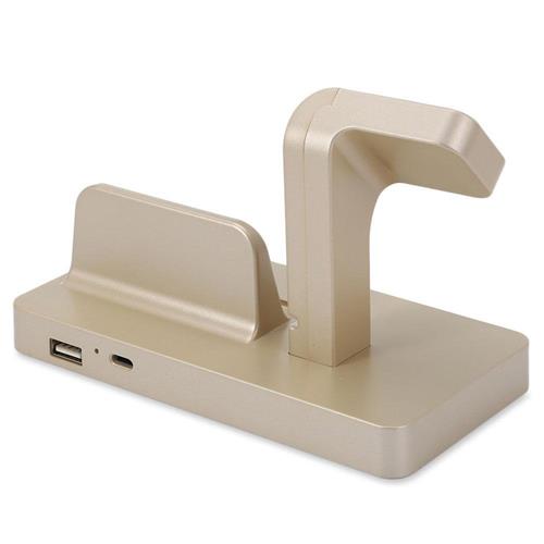 StrapsCo 2 in 1 Charging Dock Stand Station Holder for iWatch Apple Watch and IPhone in Gold