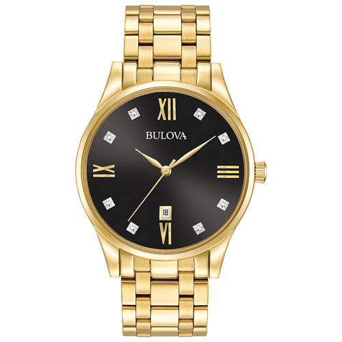 Bulova Diamonds 40mm Men's Analog Dress Watch with Hand Set Diamonds - Gold/Black