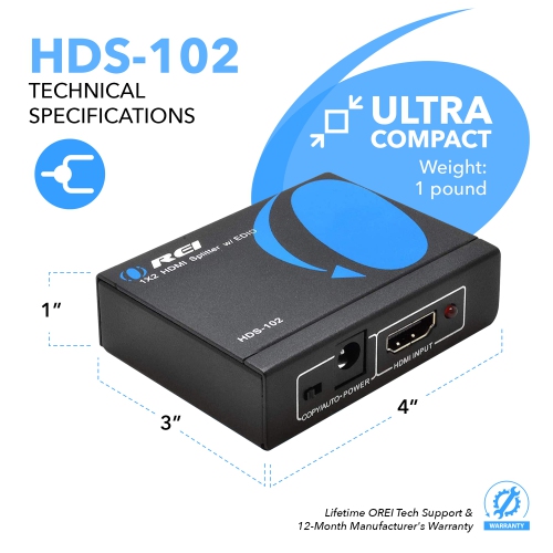 OREI HDS-102 1X2 Powered 1080P V1.4 Certified HDMI Splitter with Full Ultra HD 4K/2K and 3D Resolutions