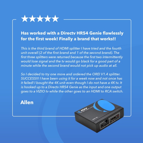 OREI HDS-102 1X2 Powered 1080P V1.4 Certified HDMI Splitter with Full Ultra HD 4K/2K and 3D Resolutions