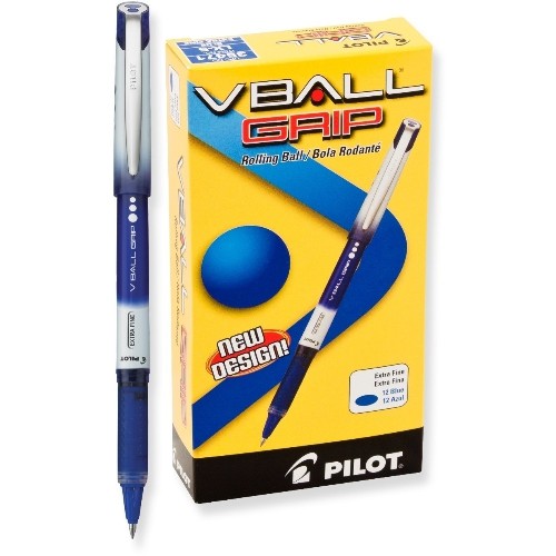Pilot VBall Grip Liquid Ink Rolling Ball Pens, Extra Fine Point, Blue Ink, Dozen Box