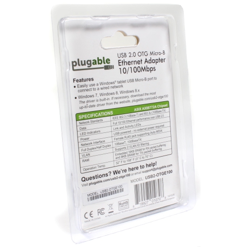 Plugable USB 2.0 OTG Micro-B to 100Mbps Fast Ethernet Adapter Compatible with Windows Tablets, Raspberry Pi Zero, and Some Android Devices.