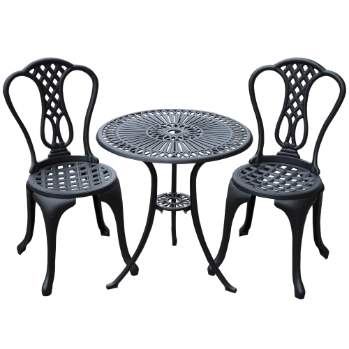 OUTSUNNY  3 Pieces Antique Outdoor Bistro Set Cast Aluminum Patio Table And Chairs With Umbrella Hole In Black
