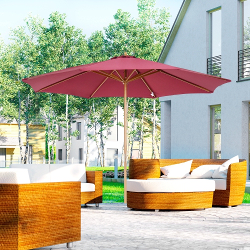 Outsunny 10' x 8' Bamboo Wooden Round Market Patio Sun Umbrella Garden Parasol Outdoor Sunshade Canopy, Wine Red