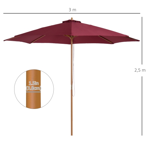 Outsunny 10' x 8' Bamboo Wooden Round Market Patio Sun Umbrella Garden Parasol Outdoor Sunshade Canopy, Wine Red
