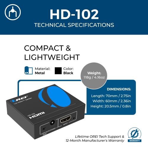 Orei HD-102 1x2 1 Port HDMI Powered Splitter Ver 1.3 Certified for Full HD 1080P and 3D Support One Input to Two Outputs (Blac