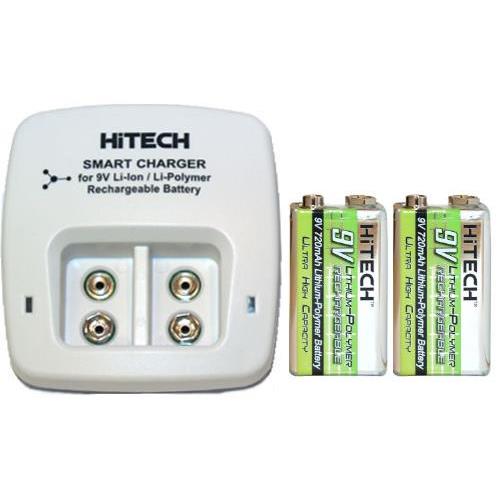 2 Bay 9 Volt Li-ion / Li-Po Smart Charger + 2-Pack HiTech 9 Volt Lithium Polymer Batteries
