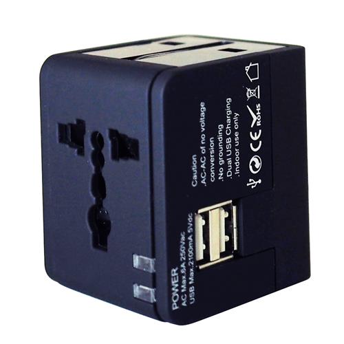 Exian Universal Travel Adapter 2.1A USB x 2, AC 6A 100-240Vac 50/60Hz