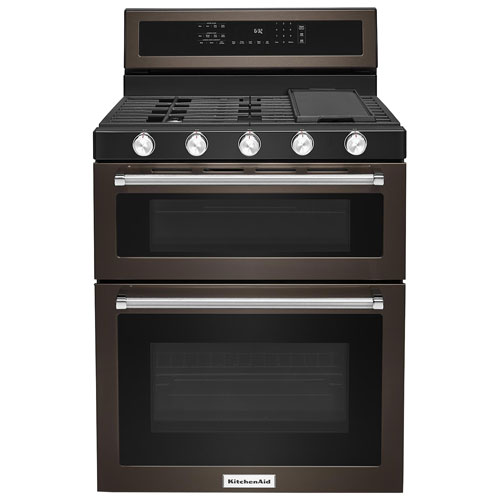 KitchenAid 30" 6.0 Cu. Ft. Double Oven 5-Burner Freestanding Gas Range - Black Stainless