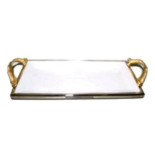 ELEGANCE  Feather Ceramic Rectangular Tray With Handle L: 14.25" In Gold