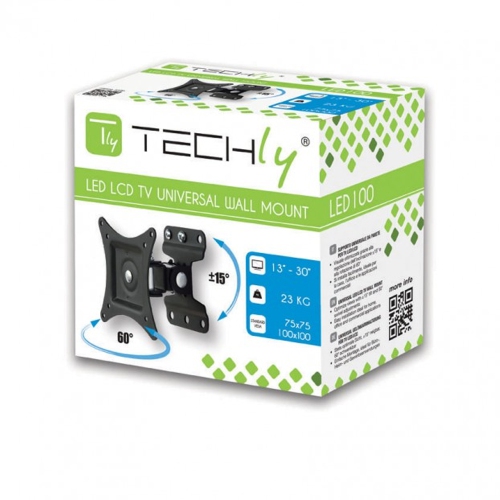 Techly 13" to 30" Full Motion LCD/LED TV Wall Mount - Tilt +/-15° - 60° Horizontally - 360° Rotating - VESA up to 100x100 mm - Holds up to 23 kg -