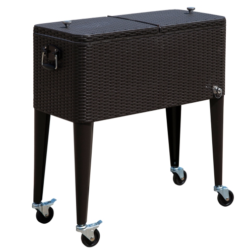 Outsunny 80 Quart Rattan Rolling Cooler Cart Portable Patio Ice Beer Beverage Cooling Bin for Outdoor Party w/ Bottle Opener & Storage Shelf, Brown