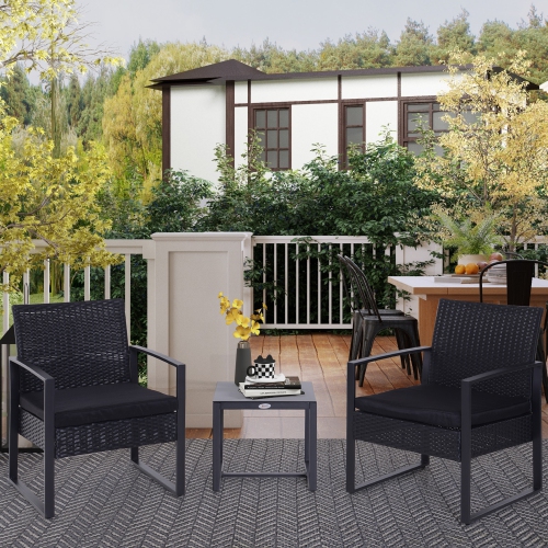 Outsunny 3 Pieces Wicker Patio Furniture Set, Rattan Bistro Set with Glass Top Coffee Table and Cushions, Outdoor Conversation Set for Garden, Porch,