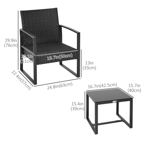 Outsunny 3 Pieces Wicker Patio Furniture Set, Rattan Bistro Set with Glass Top Coffee Table and Cushions, Outdoor Conversation Set for Garden, Porch,