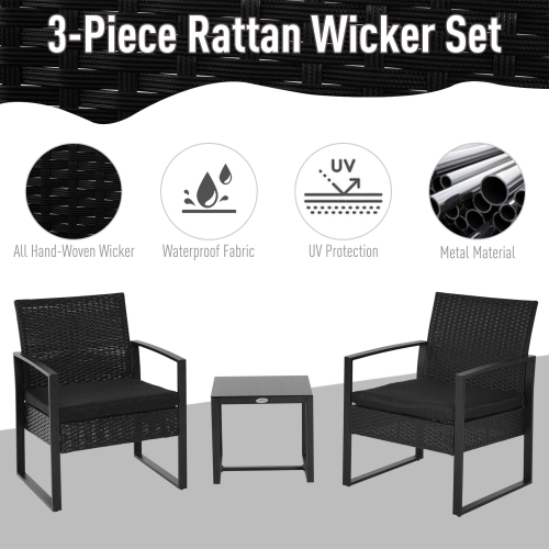 Outsunny 3 Pieces Wicker Patio Furniture Set, Rattan Bistro Set with Glass Top Coffee Table and Cushions, Outdoor Conversation Set for Garden, Porch,