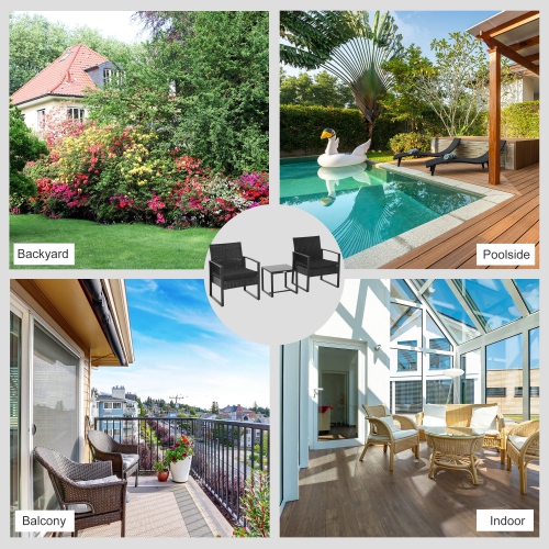 Outsunny 3 Pieces Wicker Patio Furniture Set, Rattan Bistro Set with Glass Top Coffee Table and Cushions, Outdoor Conversation Set for Garden, Porch,