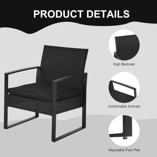 Outsunny 3 Pieces Wicker Patio Furniture Set, Rattan Bistro Set with Glass Top Coffee Table and Cushions, Outdoor Conversation Set for Garden, Porch,