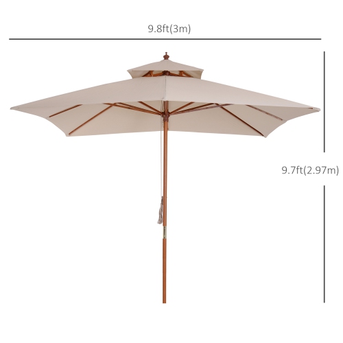 Parasol de patio carré en bois Outsunny, 10 x 10 pi, parasol, parasol, parasol, parasol, style pagode 2 Pulley, kaki