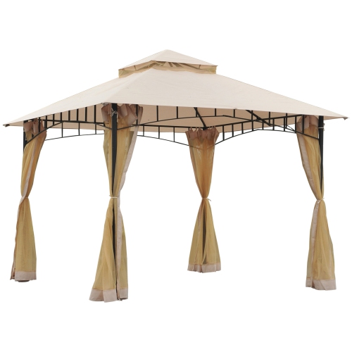 Outsunny 10' x 10' Double Tier Garden Gazebo Canopy Outdoor Sunshade Tent Water-Resistant Anti-UV Roof with Metal Frame and Mesh Sidewalls, Beige