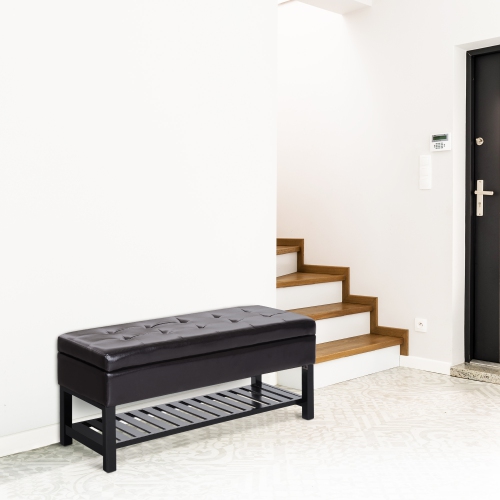 HOMCOM Shoe Bench, Tufted PU Leather Upholstered Entryway Bench with Lift-Top, Shoe Rack and Wood Frame for Living Room, Hallway, Brown