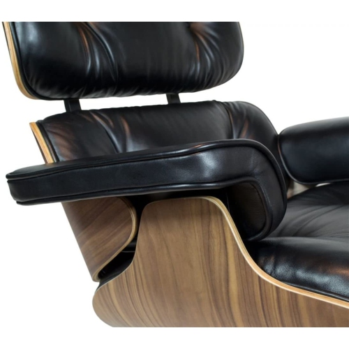 Chaise longue et pouf modernes du milieu du siècle Nicer Furniture®, 100 % cuir véritable pleine fleur italien, noir avec finition en bois de noyer