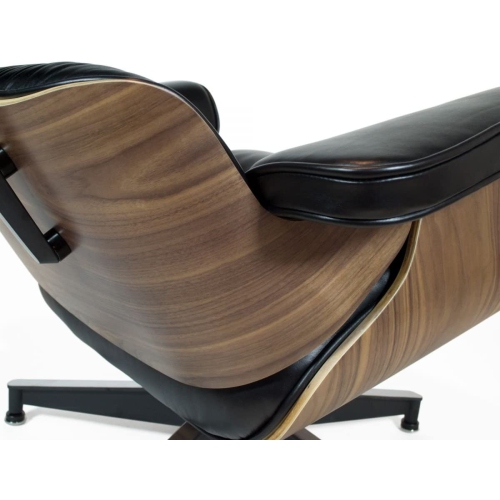 Chaise longue et pouf modernes du milieu du siècle Nicer Furniture®, 100 % cuir véritable pleine fleur italien, noir avec finition en bois de noyer