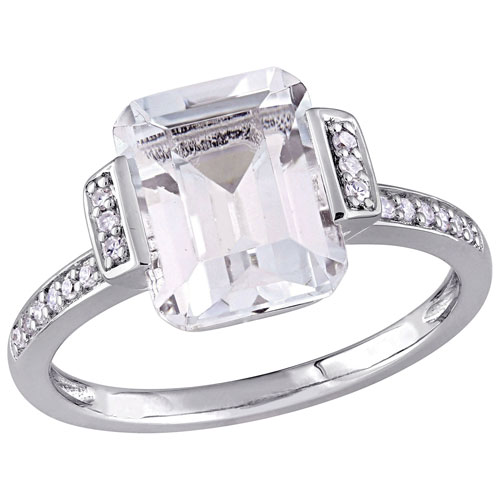 Classic Engagement Ring in 10K White Gold with White Emerald Cut Topaz with 0.1ctw Diamonds - Size 8