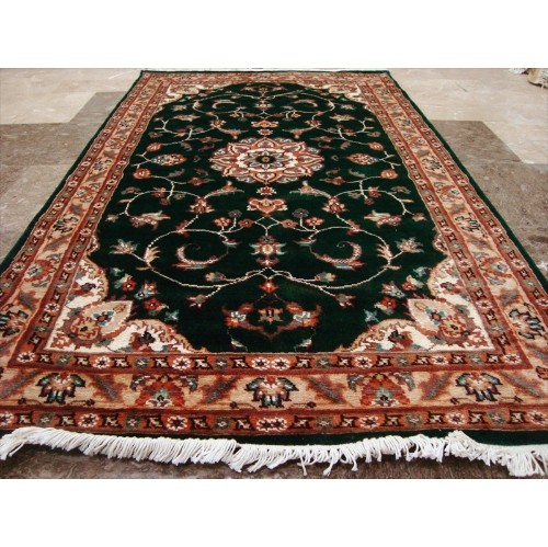 Rectangle Area Rug Dark Green Floral Medalion Hand Knotted Wool Silk Carpet'