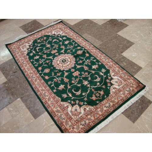 Rectangle Area Rug Dark Green Floral Medalion Hand Knotted Wool Silk Carpet'