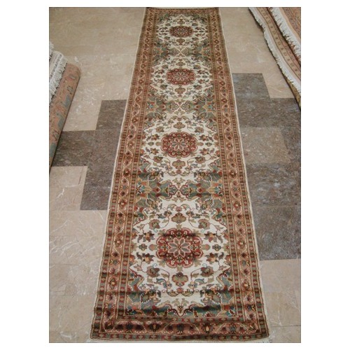 Ahmedani Gorgeous Ivory Floral Medallion Wool Silk Hand Knotted Soft Hall Way Rug 10.1' x 2.6' Hallway Runner - Multi-Colour